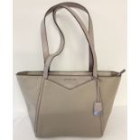 A Michael Kors soft grey leather tote bag.