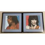 2 framed and glazed pastel portraits of Mick Jagger and Ronnie wood of the Rolling Stones rock band.