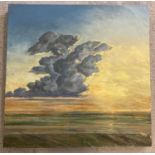 An unsigned oil on canvas depicting open countryside and a clouded sky.