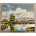 An oil on canvas of a river and rural landscape. Signed Lye to bottom left.