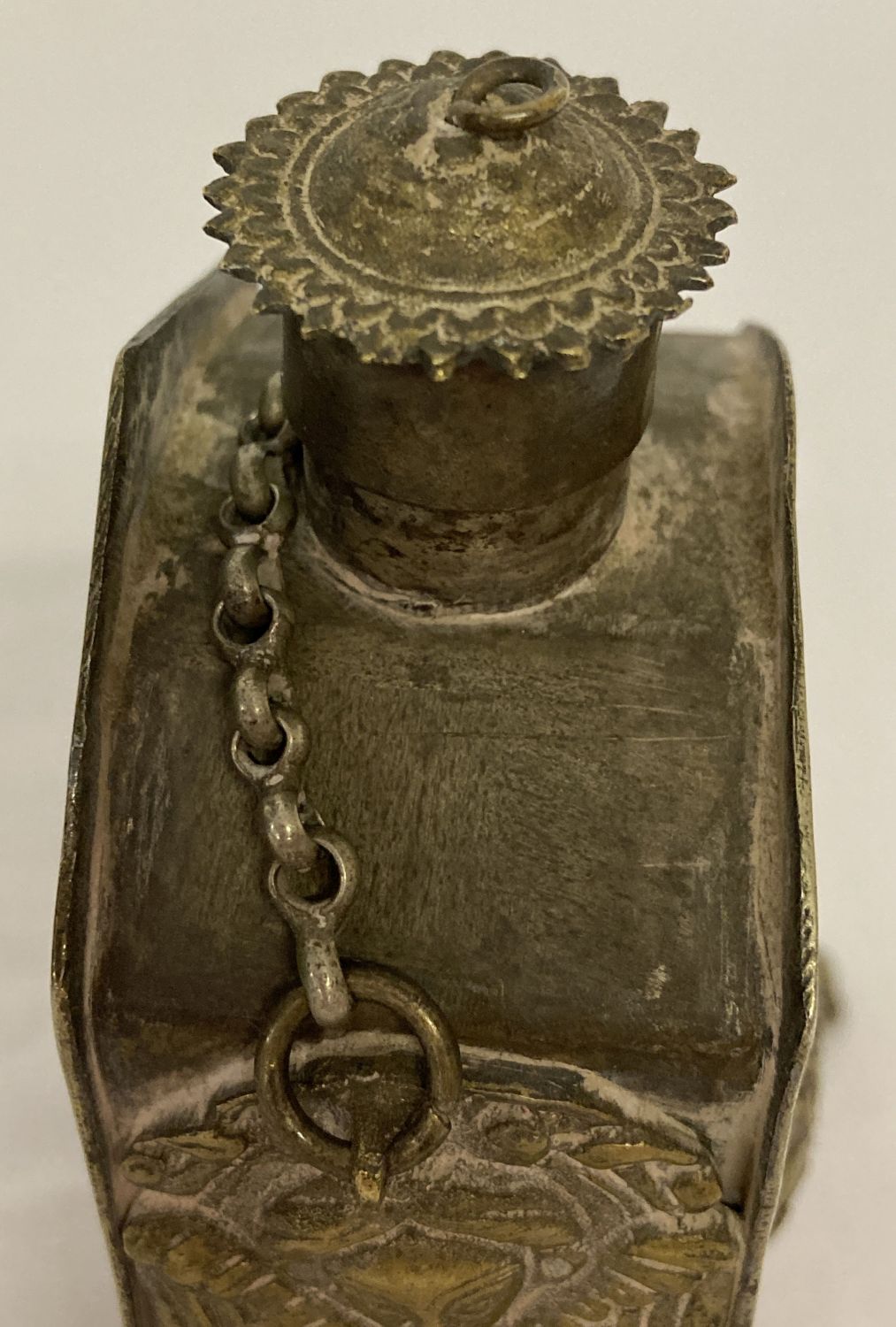 A Russian mixed metal gunpowder flask with highly decorated panels and carrying chain. - Image 3 of 6