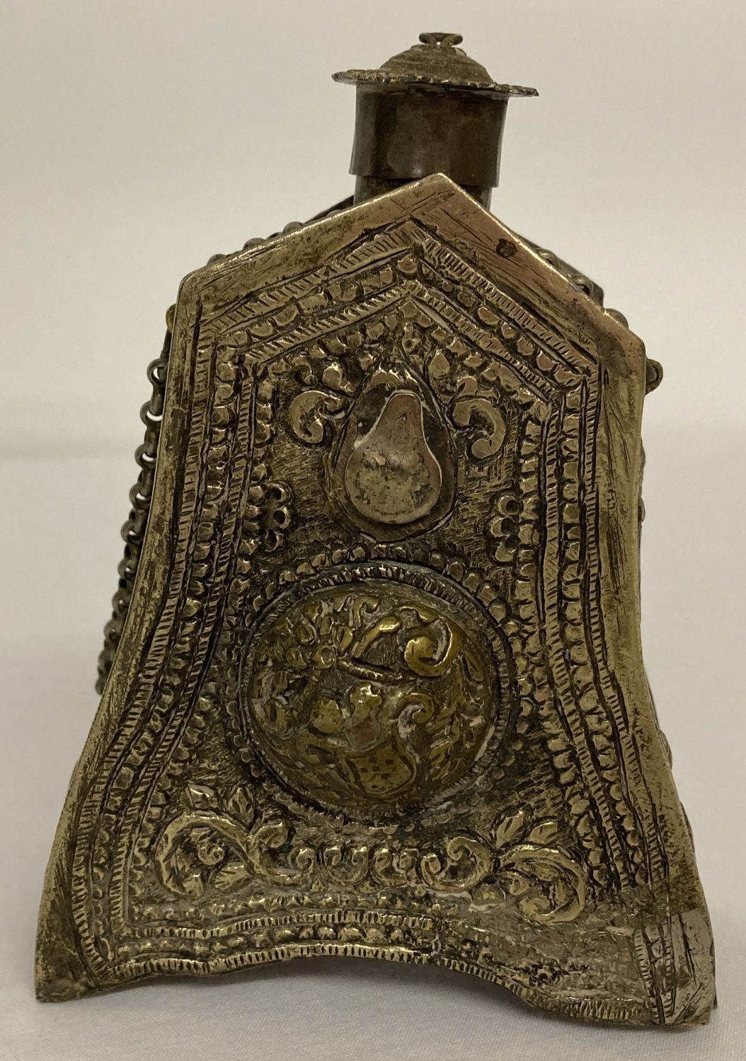 A Russian mixed metal gunpowder flask with highly decorated panels and carrying chain. - Image 4 of 6