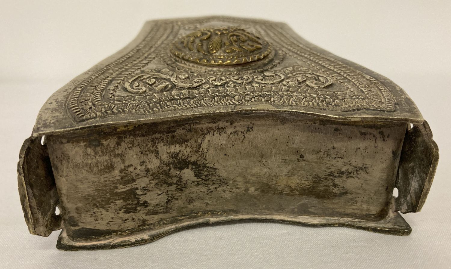 A Russian mixed metal gunpowder flask with highly decorated panels and carrying chain. - Image 6 of 6