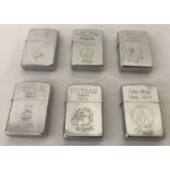 6 Vietnam War style windproof lighters with engraved detail to front and back.