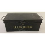 A vintage 2 handled metal documents box, with brass lock and named to H.I. Hooper.