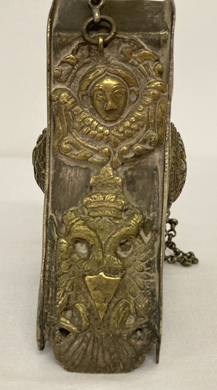 A Russian mixed metal gunpowder flask with highly decorated panels and carrying chain. - Image 2 of 6