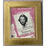 A framed and glazed vintage song sheet "All's Well Mademoiselle" with facsimile signature and