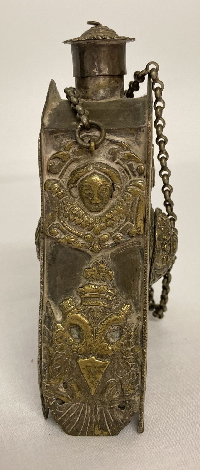 A Russian mixed metal gunpowder flask with highly decorated panels and carrying chain. - Image 5 of 6