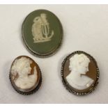 2 vintage cameo brooches in silver mounts with pendant bales to back. One marked 930 the other 800.