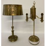 2 vintage brass table lamp stands, one with pierced work ship design to brass lamp shade.
