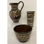 3 pieces of Mid Century brown & cream hand painted Hungarian pottery, marked to base MHV.