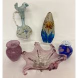 5 pieces of glass ware to include Caithness and Maltese style vases.