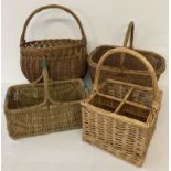4 assorted vintage baskets to include 4 sectional bottle basket and vintage shopping baskets.