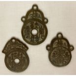 3 Chinese bronze pendants with symbol detail to each side.