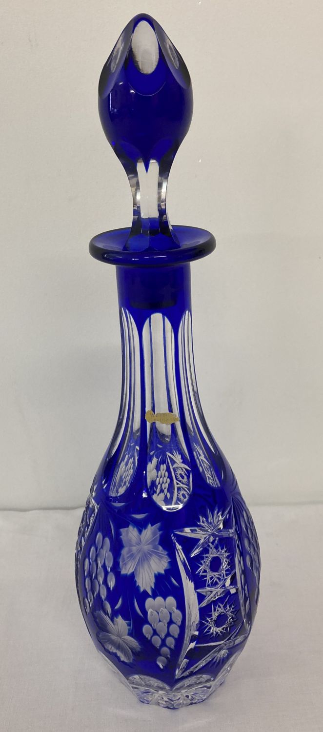 A vintage blue & clear Bohemia style, Western Germany glass decanter.