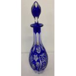 A vintage blue & clear Bohemia style, Western Germany glass decanter.