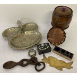 A small collection of mixed items. To include a vintage wooden tea caddy, a carved love spoon and a