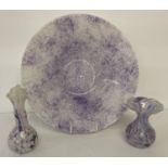 3 pieces of art glass. Comprising 2 iridescent vases of pastel tones & a large purple & white bowl.