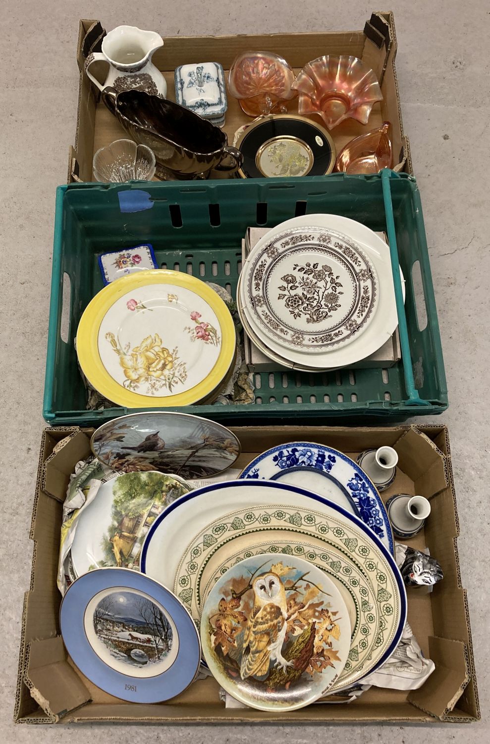 3 boxes of mixed ceramics and glassware to include Wedgewood, Royal Doulton and carnival glass.