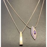 2 modern design silver necklaces to include one set with marquise cut amethyst stone.