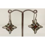 A pair of lever back silver drop style earrings each set with baroque pearls, opals and garnet.