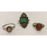 3 silver and natural stone set dress rings.