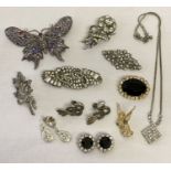 A small collection of vintage and modern diamante and marcasite set jewellery.
