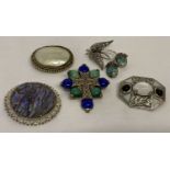 A collection of 5 natural stone set brooches to include 2 by Miracle.