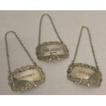 3 hallmarked silver decanter labels with decorative frames; for Brandy, Sherry and Whisky.