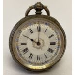 A Victorian ladies silver pocket watch with floral decorated enamel face and case.