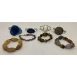 8 silver and white metal natural stone bracelets and bangles.