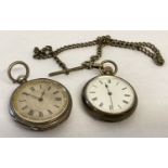 2 antique silver pocket watches, one with an albert chain with lion marks to links.