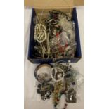 A box of mostly modern costume jewellery to include necklaces, bracelets and rings.