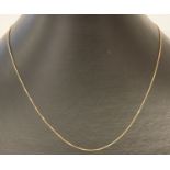 A 9ct gold fine box chain with spring clasp. Hallmarks to fixings. Total length approx. 18 inches.