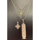 3 silver necklaces. A silver gilt chain with a small gold crucifix, tests as 9ct gold.