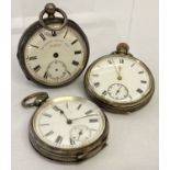 3 vintage silver pocket watches in varying conditions.