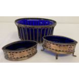 3 vintage silver plated, oval shaped dishes with blue glass liners.