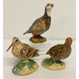 3 boxed John Beswick ceramic bird figures; French Partridge calling, Partridge and Woodcock.