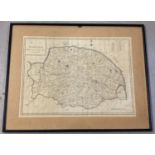 A framed and glazed engraved map of Norfolk, taken from a 1789 engraving for J Harrison.