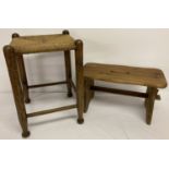 A vintage string topped stool with channelled detail to legs, together with another dark wood stool