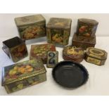 9 vintage decorative food tins together with a Thetford Fibre bowl and a 2D metal shop price label.