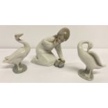 3 Lladro Spanish ceramic figurines, "Little Girl with Slippers" together with 2 figures of geese.