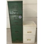 A vintage green painted metal 4 drawer filling cabinet with sliding dividers to 3 drawers.