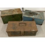 3 vintage tractor style metal tool boxes. One painted blue and one painted green.