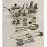 A quantity of assorted silver plated items to include 3 piece cruet on stand.