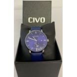 A boxed men's wrist watch by Civo. Blue dial with date function and seconds complication.