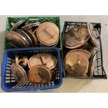 3 large boxes of antique copper pan lids of varying sizes.
