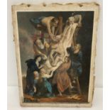 A vintage hand tinted and mounted print of Christ being taken from the cross a/f.