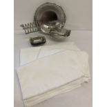 3 white cotton Damask table cloths together with a collection of vintage stainless steel kitchenalia
