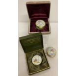 2 boxed and 1 unboxed Beatrix Potter Crummles enamel pill boxes.